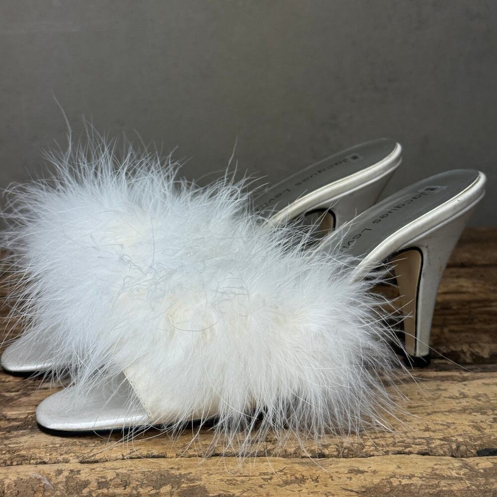 Jacques Levine White Marabou Feather Mule Heels Size 6 Bridal Vintage